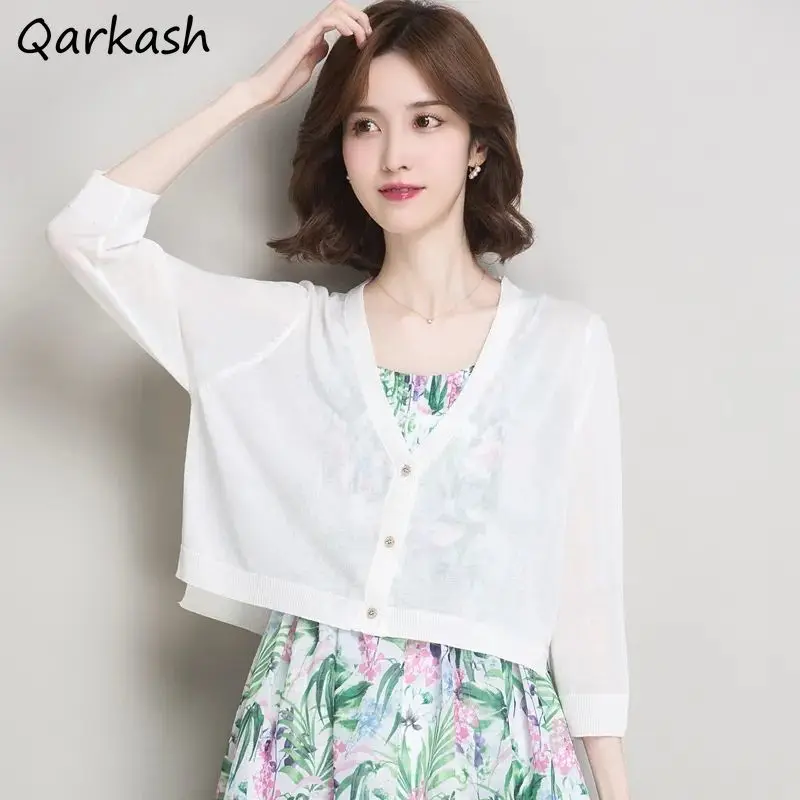 Single Breasted Cardigans Women Three Quarter Sleeve Sheer Summer New Female Clothing Sunscreen All-match Solid Simple Fashion