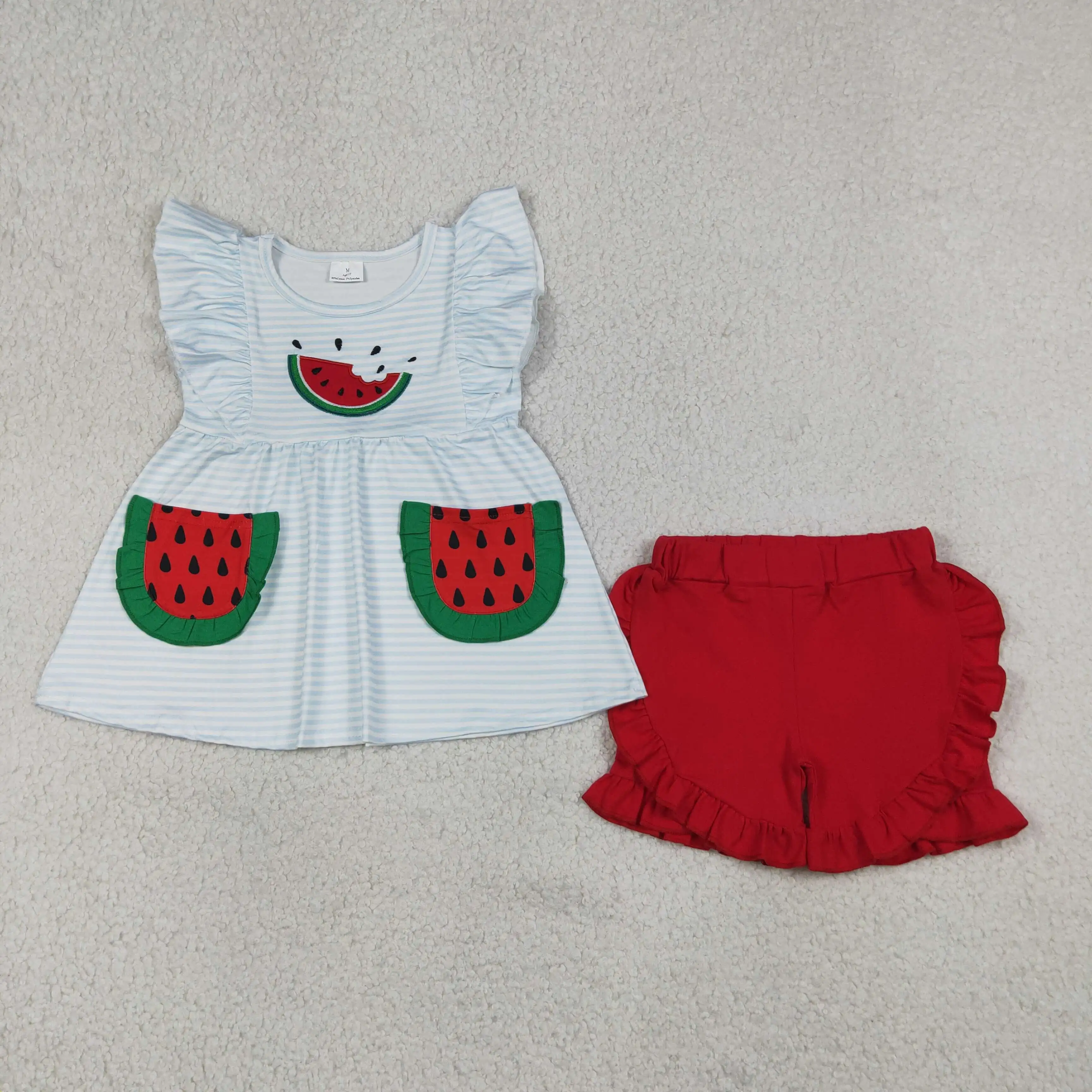 Wholesale Kids Baby Girl Embroidery Watermelon Clothes Toddler Children Set Girls Pockets Tunic Red Ruffle Shorts Summer Outfit