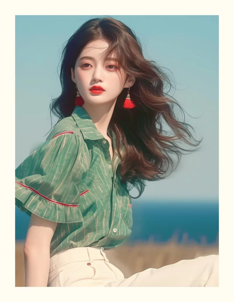 Chemisiers Vintage pour femmes, chemises à rayures coréennes, mode ample, vêtements à volants, vert, manches courtes, hauts pour femmes, printemps/été