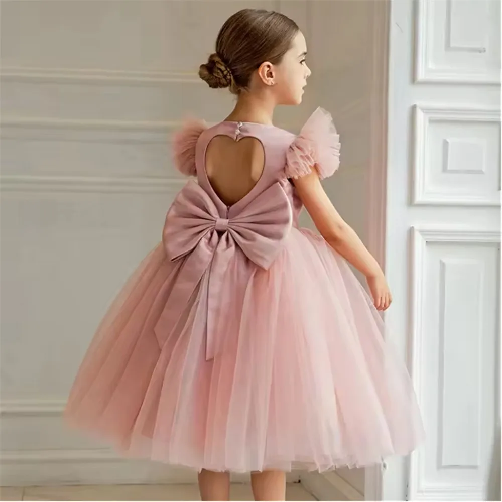 Custom Elegant Flower Girl Wedding Dress, Backless with Bow, Piano Performance, Princess Birthday Party Dress