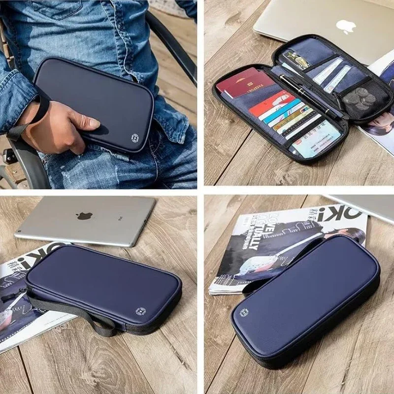 軽量ファミリートラベルパスポートカバーウォレットジッパー付きオックスフォードドキュメントオーガナイザーバッグ、取り外し可能なリストストラップ付き、女性、男性用