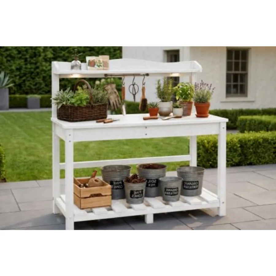 All-Weather HDPE Outdoor Potting Bench with Removable Sink, Expandable Gardening Work Station with Sliding Tabletop, Built-in W
