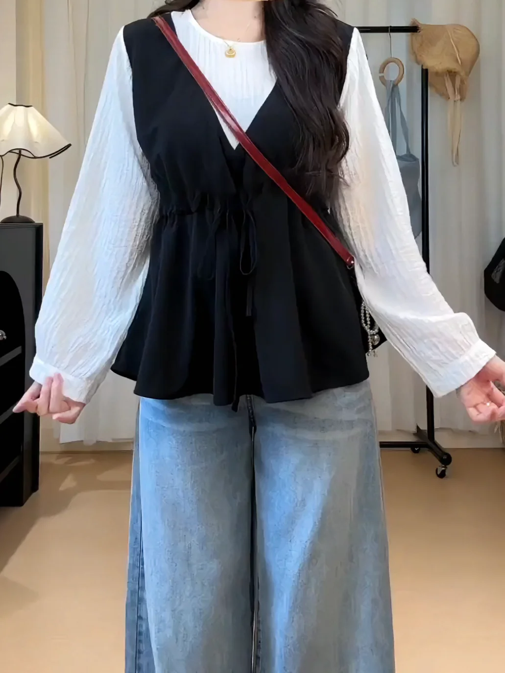

Slimming Effect round Neck Long Sleeve Shirt Large Size Women's Fashion Spring Waist Inward Shirt Fake Two-Piece Top