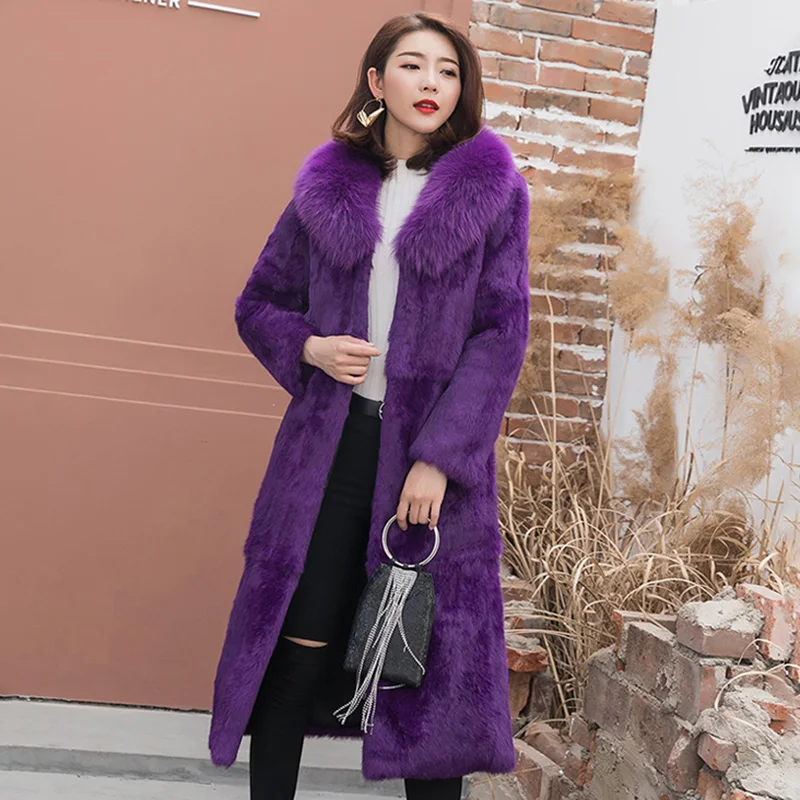 2024 New Long Real Rabbit Fur Coat With Fox Fur collar Winter Warm Thick Genuine Fur Jacket Long Sleeve Outwear