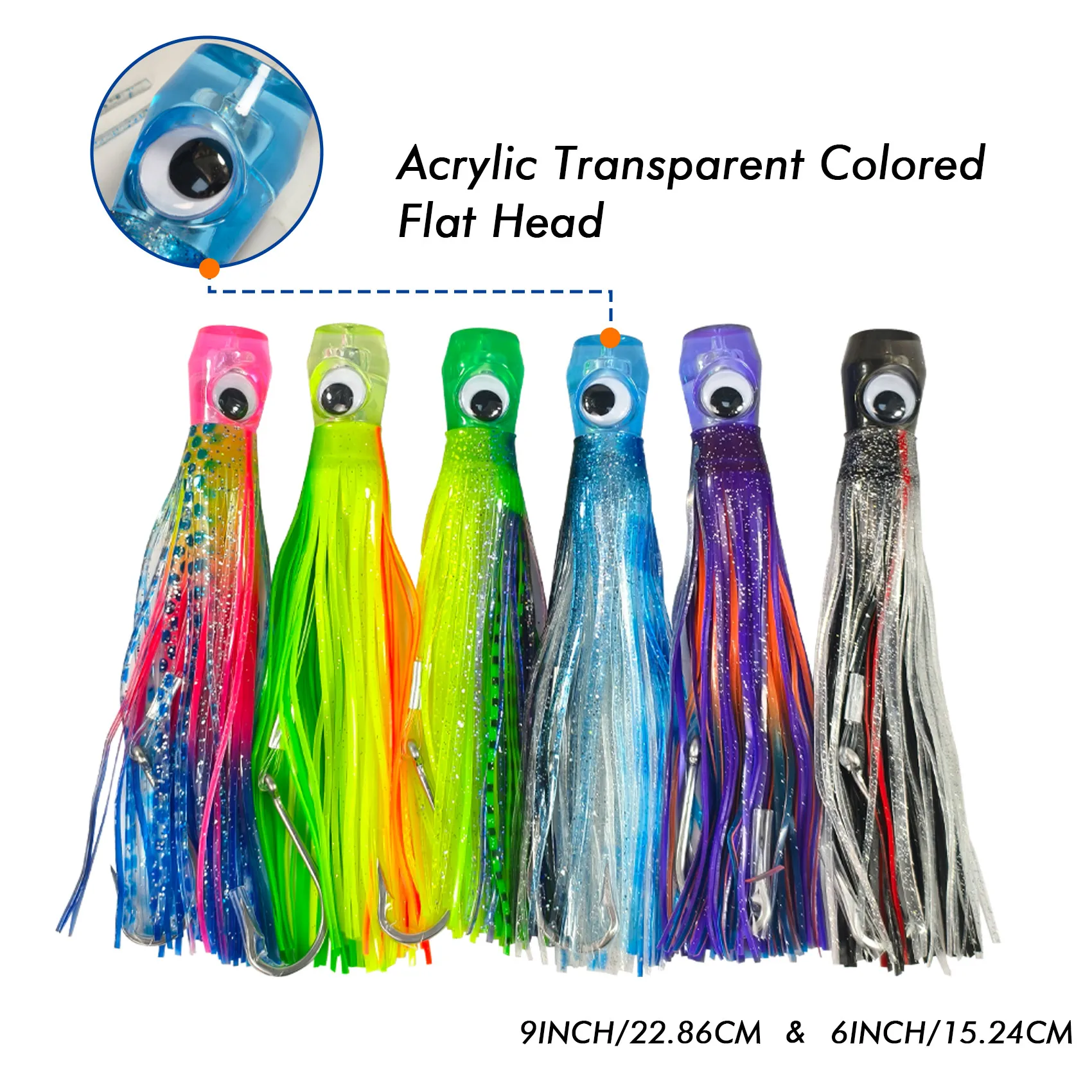 

15.24cm/22.86cm Acrylic Flathead Trolling Lure, Transparent Color Squid Skirt Fishing Bait Set for Tuna, Marlin, Wahoo, Shark