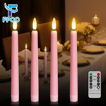 FPOO 4pcs LED taper candles pink flameless wedding candle timer remote battery operated table home decoration electronic candle