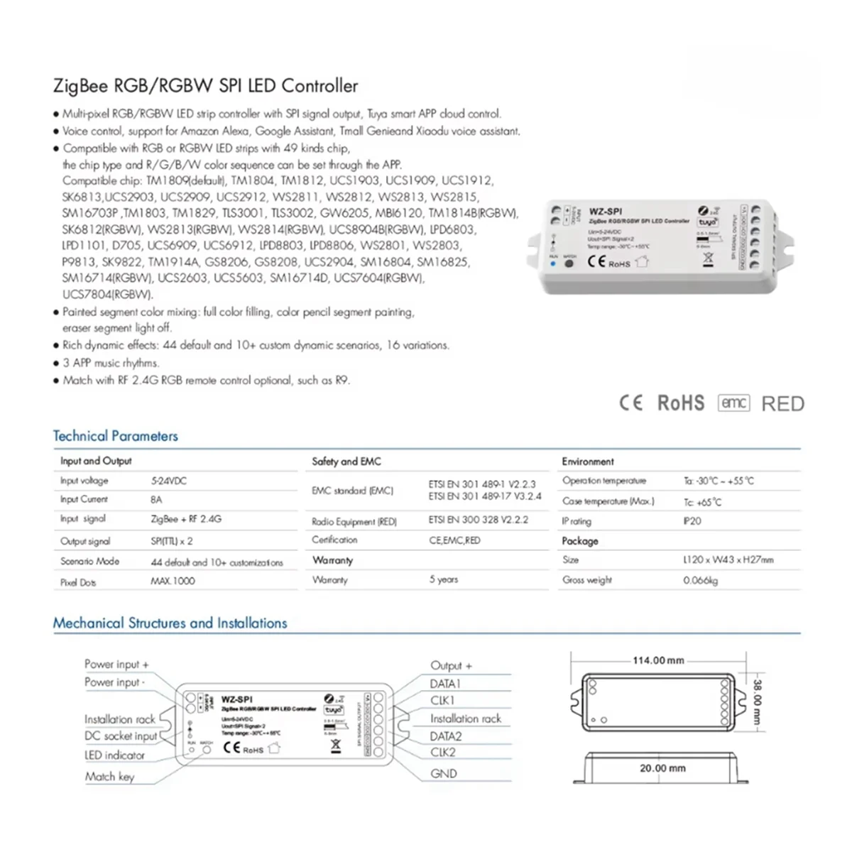 A79I 5V-24V Tuya Zigbee WiFi APP SPI LED Controller WZ-SPI Control 1000Pixel Led for WS2811 2812B SK6812 RGB/RGBW Strip Lamp