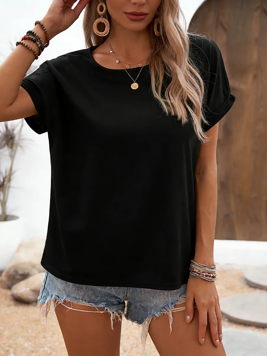 

Women's T-shirt Spring Summer Black Loose Fit Rolled Short Sleeve Crew Neck Valentine's Day Casual Daily Vacation Top
