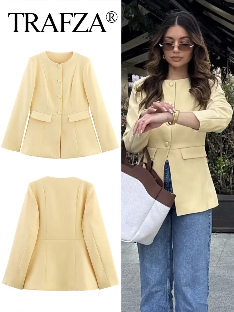 

TRAFZA Women's Yellow Blazer O-Neck Pockets Single Breasted Suit Coat 2025 Autumn Office Lady Streetwear Commute Woman Outwear