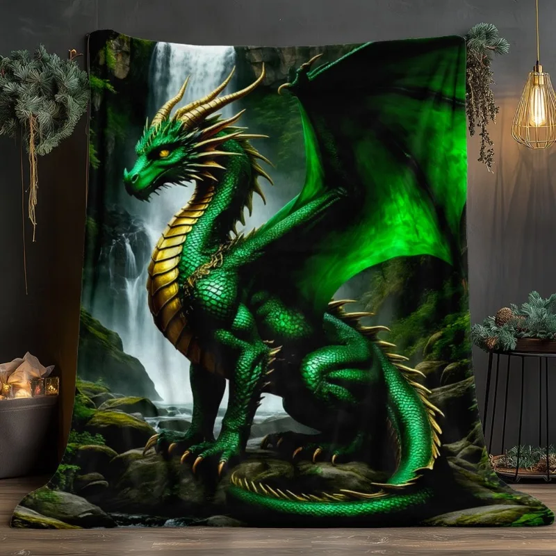 1pc Lightweight Flannel Blanket - Green Dragon Throw with Waterfall Landscape Soft All-Season Couch Bedspread for Camping Home