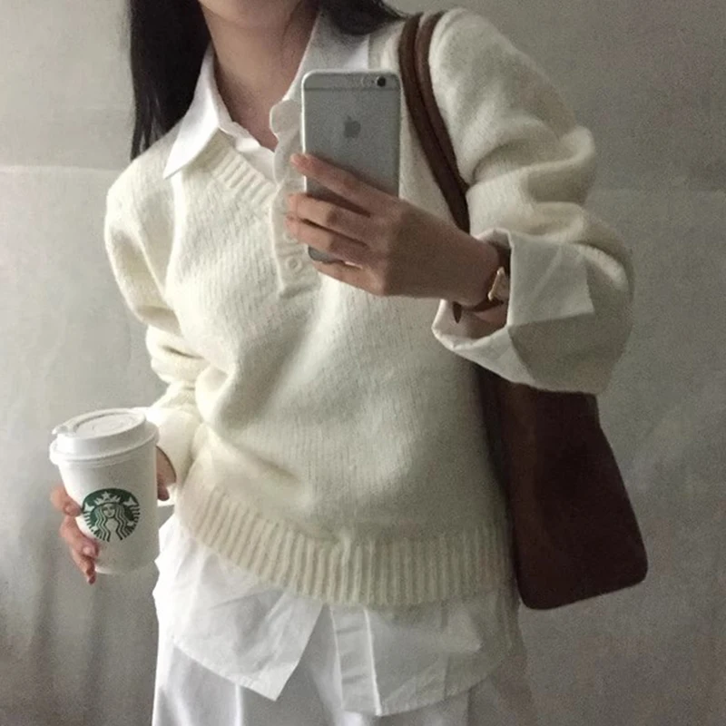 

Шикарный ранний весенний трикотажный топ для колледжа Long Sve irt, женский мягкий универсальный лоскутный топ с отложным воротником, корейский свободный крой