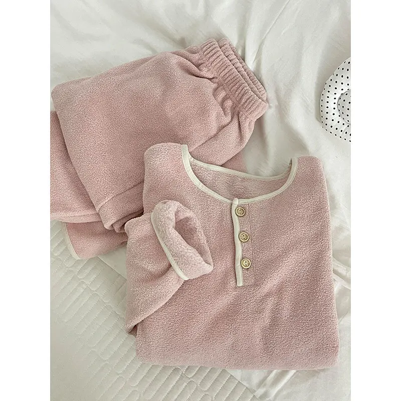 الوردي نصف الصوف المرأة الشتاء مجموعة اللون منعت زر تقليم بأكمام طويلة أعلى + السراويل الطويلة الصوف سميكة منامة 2 قطعة مجموعة. #4