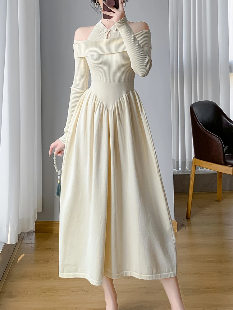 

QOERLIN Stylish Halter Neck Off Shoulder Knitted A-line Dress Women Autumn Winter Full Sleeve Slim Waist Elegant Sweater Dress