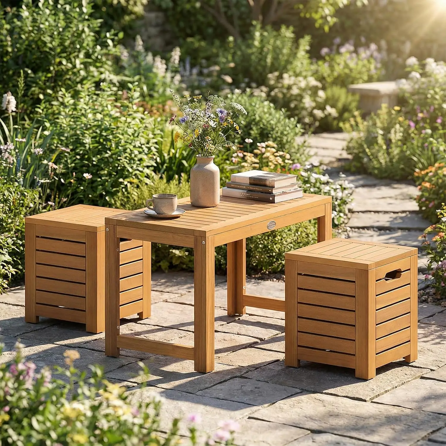 Acacia Wood Outdoor Coffee Table with Stools Set of 2, 3 Pieces Patio Rectangular Table and Stools Set with Hidden, Customized