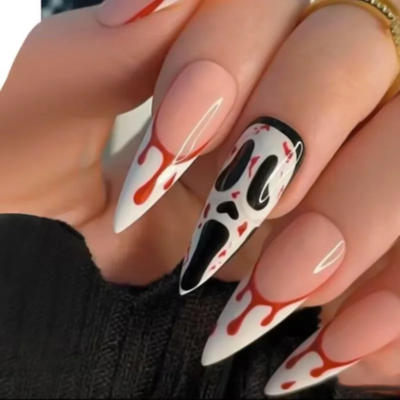 

24pcs Halloween French Press-On Nails - Blood Drip & Ghost Designs Long Almond Horror Elegance Style