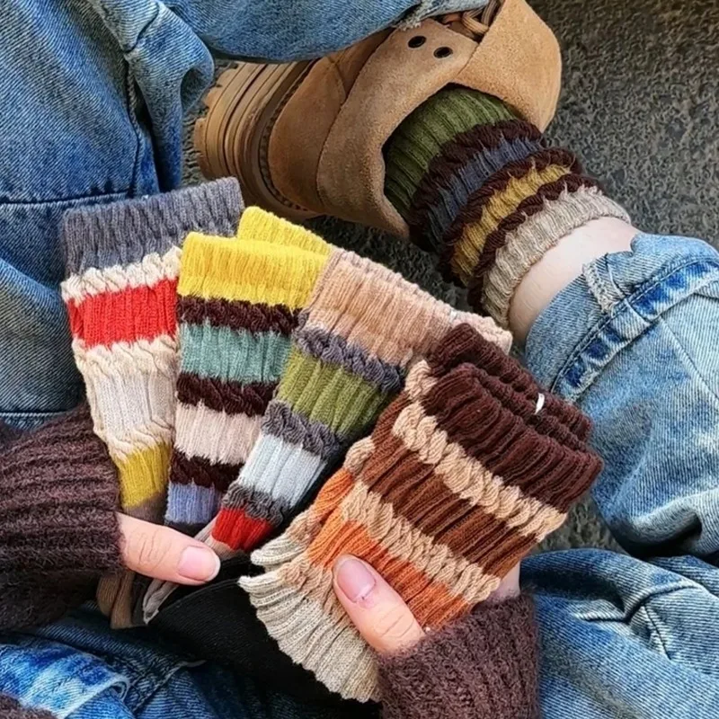 

Осенние цветные клетчатые чулки, полосатые красочные длинные носки до середины икры с рюшами в стиле ретро для женщин и девочек, студентов