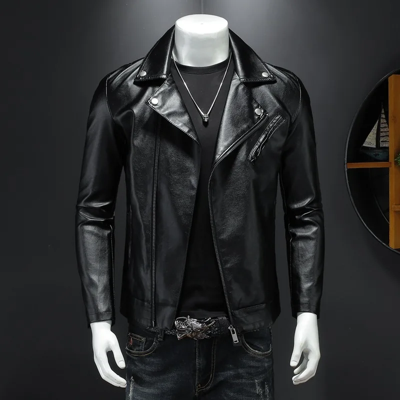 Men's Korean Style Casual Turn-down Collar Leather Jackets PU Slim Winter Jacket Classical Zipper Motorcycle Solid Color Coat