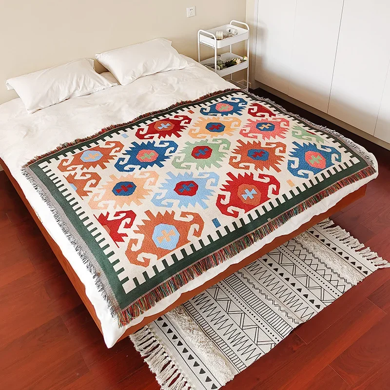 

Bohemian Style Cotton Yarn Jacquard Cover Blanket Bed End Decoration with Tassels Towel Hotel Linen Hotel Bed Flag Bed End Towel