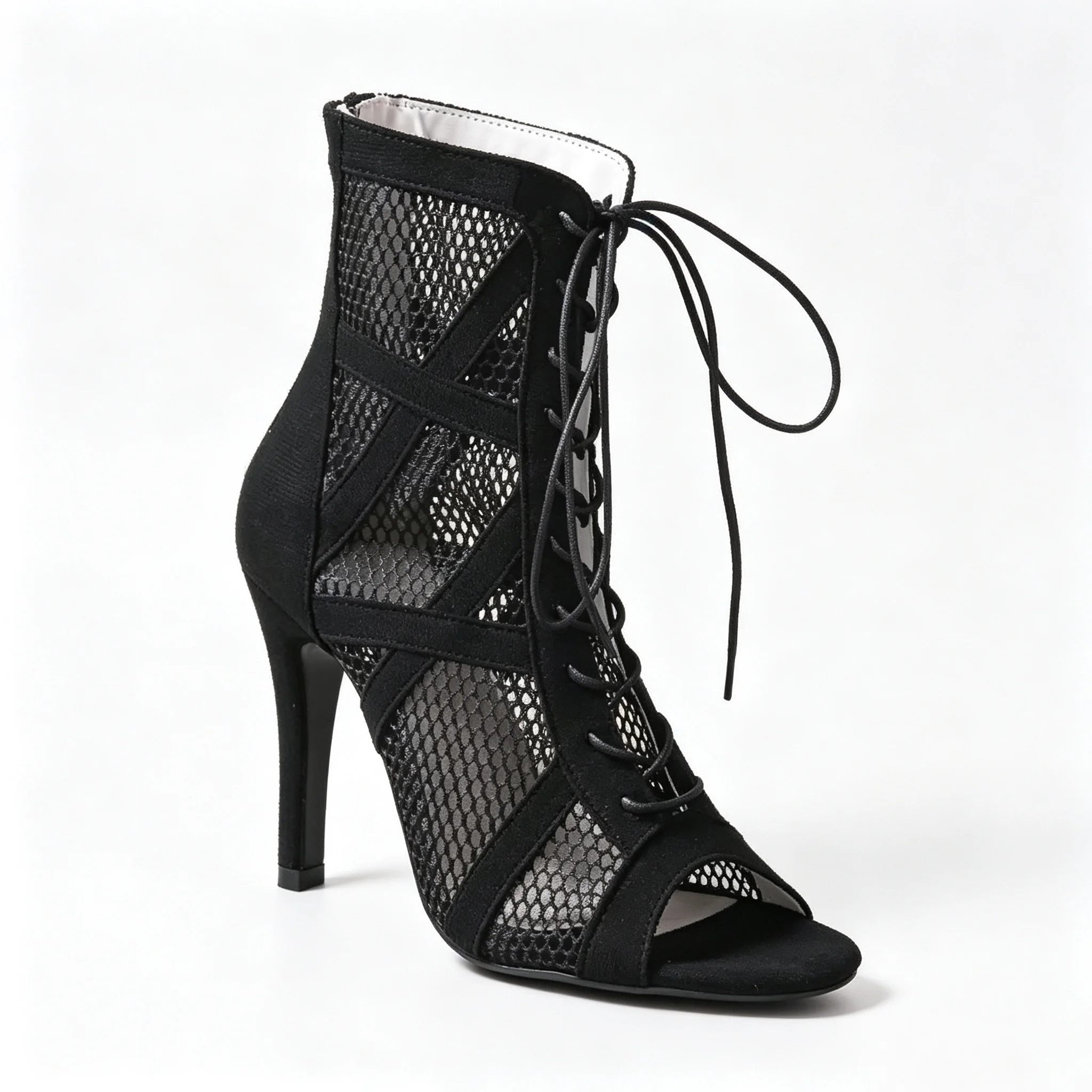 Evk Women's Black Mesh Latin Dance Ankle Boots Peep Toe Stiletto Heels Salsa Jazz Bachata Dance Shoes Girl Party Dancing Sandals
