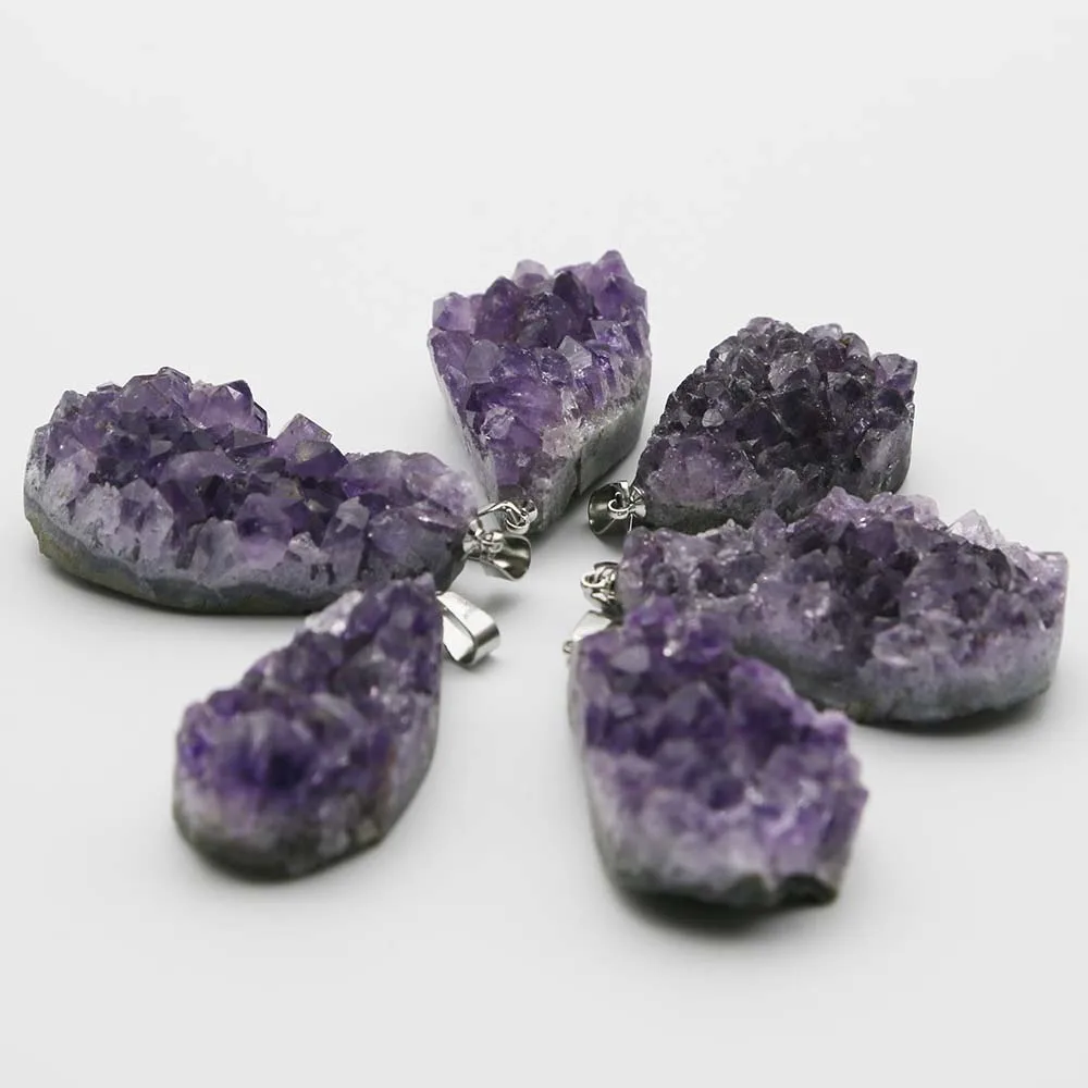 New Natural Stone Raw Ore Water Drop Amethyst Pendants Quartz Quality Purple Crystal Necklace Charms Jewelry Gift Wholesale 6Pcs