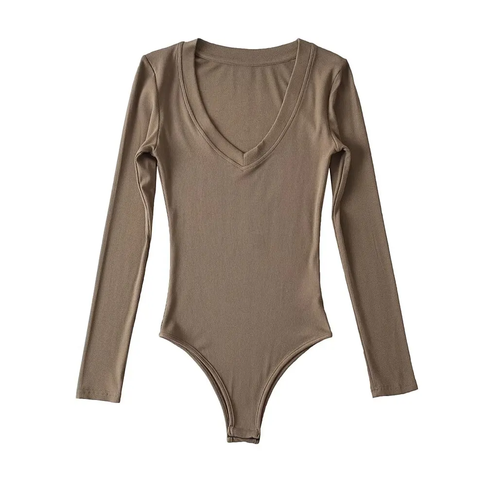 

Spicy Girl Long Sve T-irt Women's Spring Autumn Low V-ne Ribbed Cotton Base Jumpsuit Slimming Versatile Top