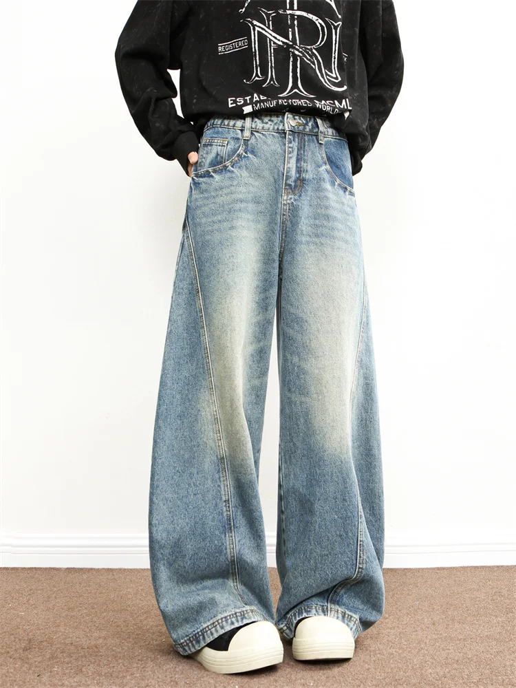 

Мужские джинсы в стиле ретро, американские, широкие, прямые, свободного кроя, повседневные, для уличной моды, джинсовые брюки-буткэт, длинные штаны