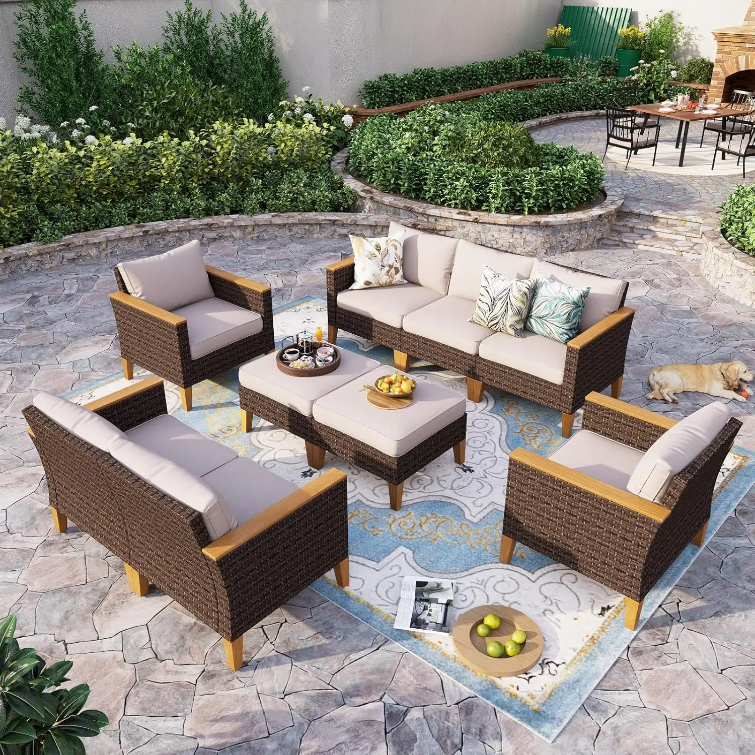 

Wicker Patio Furniture Set, Outdoor Rattan Sectional Sofa 9 Piece Patio Conversation Set with