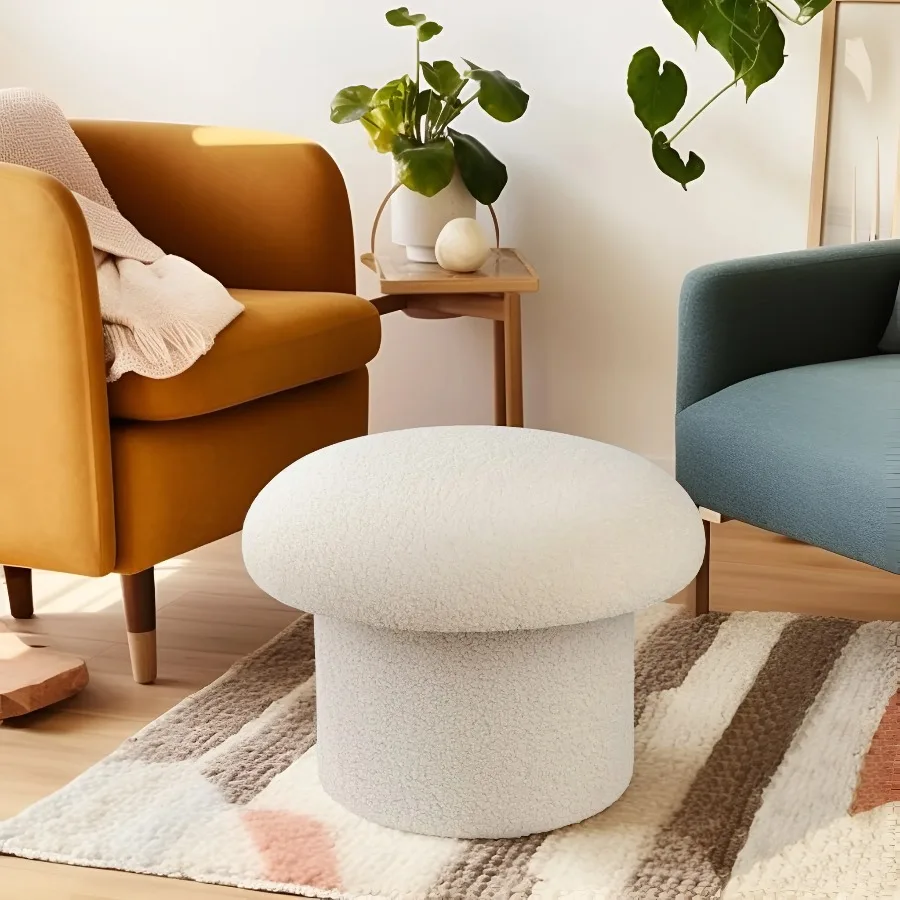 Mainstays Cream Boucle Mushroom Storage Ottoman Upholstered Footrest Stool Hidden Storage Seat for Bedroom Living Room
