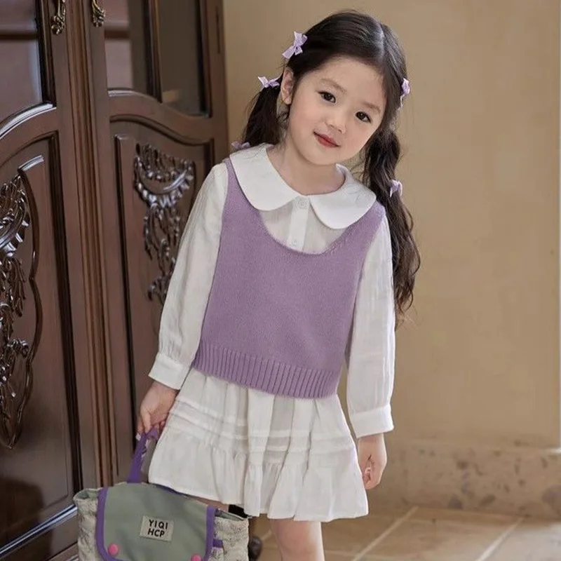 Girls Vest 2025 Spring Autumn New Korean Version Knitted Sweater for Wearing Solid Color Vest Top Versatile