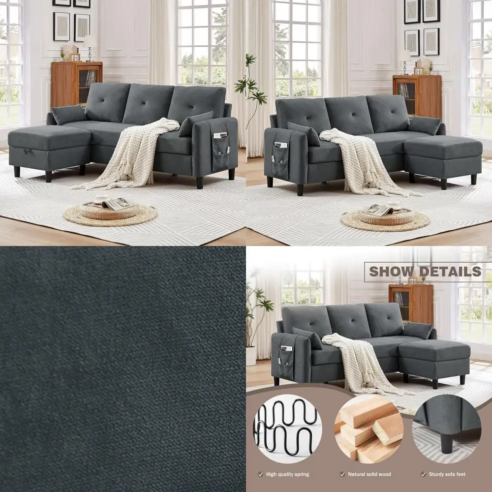

77 Convertible Sofa, Small L-Shaped Couch with Storage Chaise and Side Pockets, 3-Seat Sofa Couch, Ideal for Living Rooms and Sm