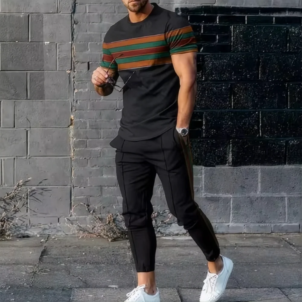 حار بيع الرجال الموضة الجديدة رسالة مطبوعة تنفس ومريحة جولة الرقبة تي شيرت وسراويل مجموعة ملابس غير رسمية في الهواء الطلق