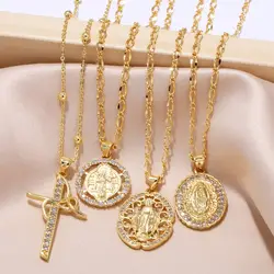 Gold Plated San Benito Necklaces for Women Cz Crystal Virgin Mary Necklaces Protection Jewelry Amulet Gifts guadalupe nkeb862