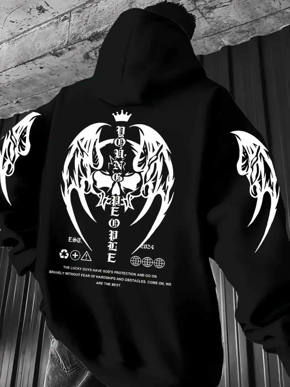 

New European and American Autumn Men's Gothic Skull Letter Print Micro Elastic Comfortable Hooded Sweatshirt Outdoor Street Top