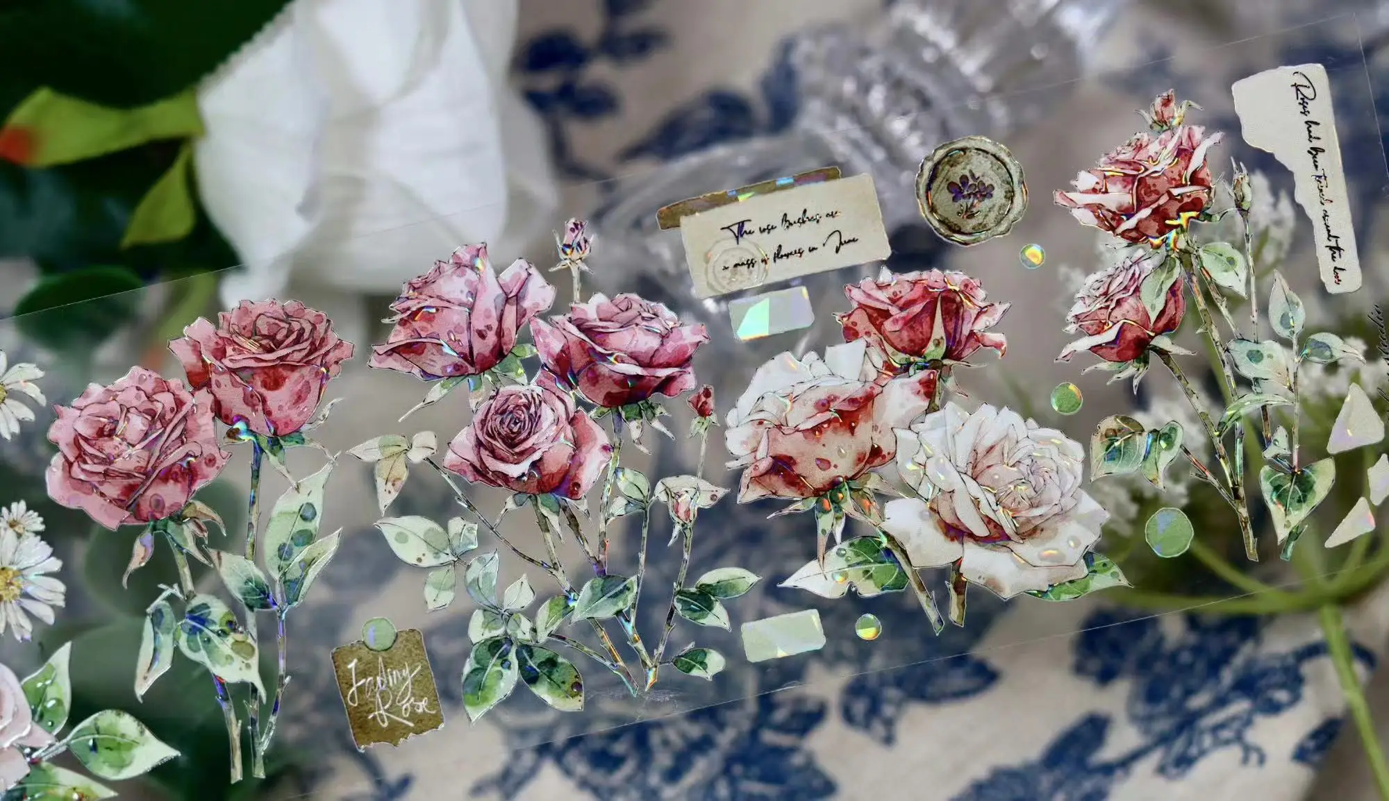 شريط واشي زهري عتيق للحيوانات الأليفة ، ملصق زخرفي لصنع البطاقات ، خطة سكرابوكينغ سهلة الاستخدام ، وردة حمراء وزهرة بيضاء #4