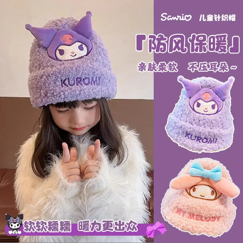 Sanrio Girl Hat Winter Child Kuromi Thicken Cycling Keep Warm Cartoon My Melody Cinnamoroll Pochacco Pom Pom Purin Hello Kitty