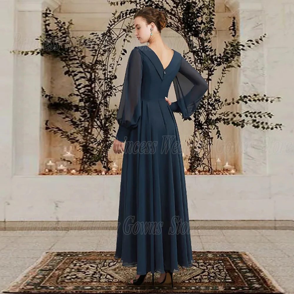 Robe formelle élégante pour femme, robe d'invité de mariage civil, manches longues, robes de mère de la mariée, longueur de rinçage, ligne A, mousseline de soie simple