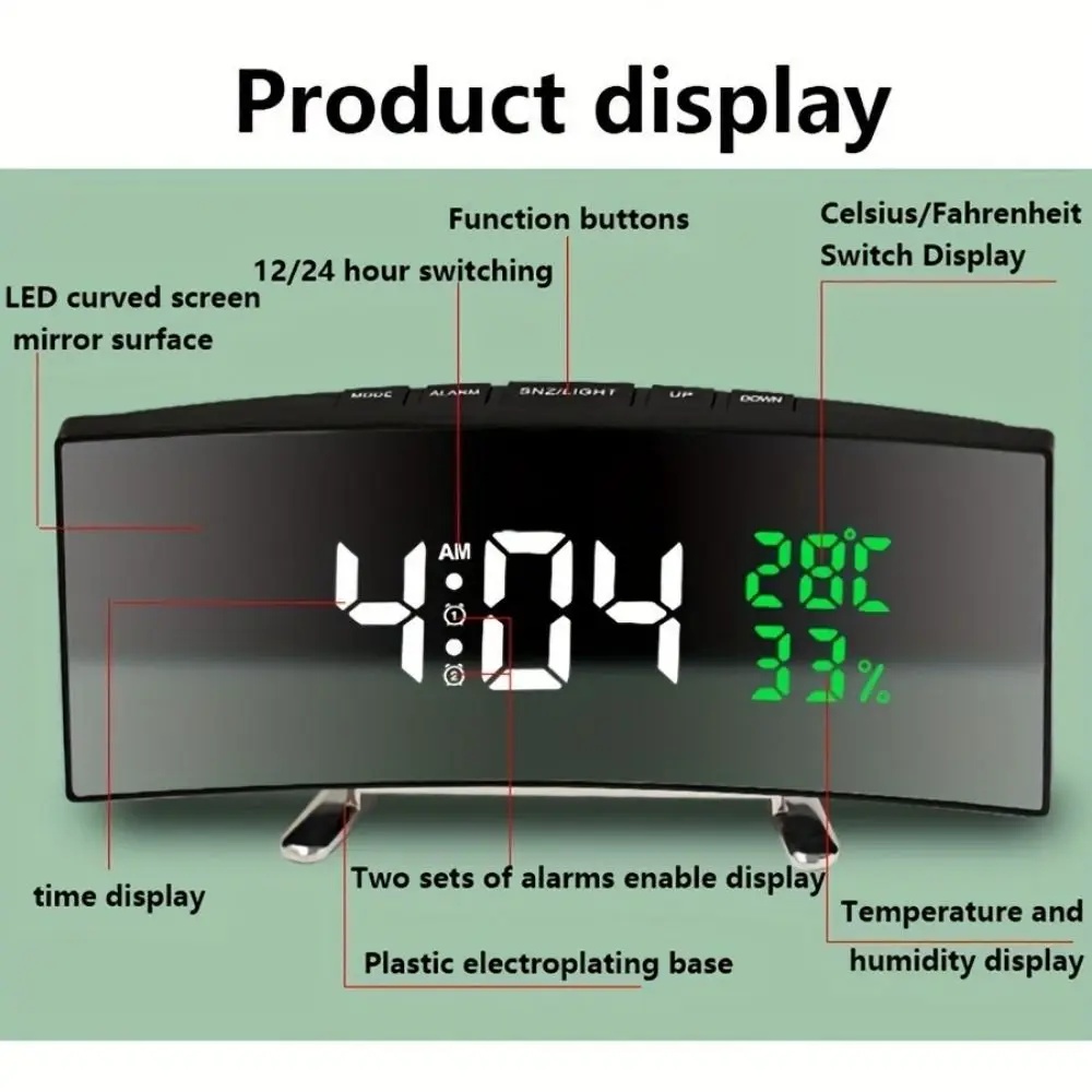 Curved LED Alarm Clock with Temp/Humidity 5