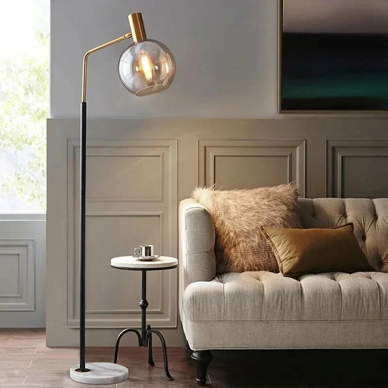 Modern Simple LED Floor Lamp Standing Light Living Room Bedroom Study Glass Lamp Black Gold White Metal Marble Floor Lights