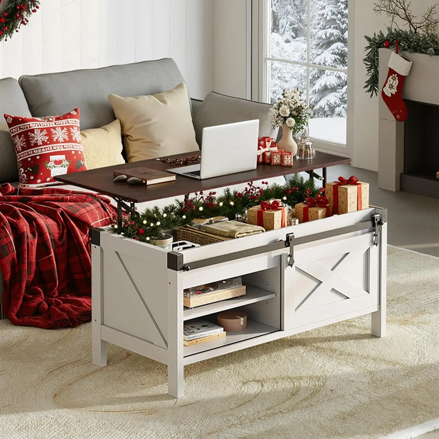 Lift Top Coffee Table, 39.4" Farmhouse Coffee Table with Large Hidden Storage Compartment, Sliding Barn Doors, Customized