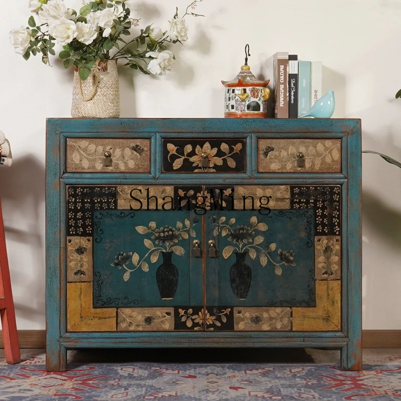 

FG retro solid wood dining side cabinet Chinese style decoration antique painted living room entrance cabinet