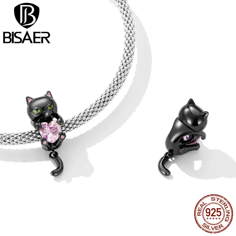 BISAER 925 Sterling Silver Black Cat Charm Bead Cute Pet Pink zircone Heart Pendant Fit Women fai da te Bracele Fine Jewelry Party Gift