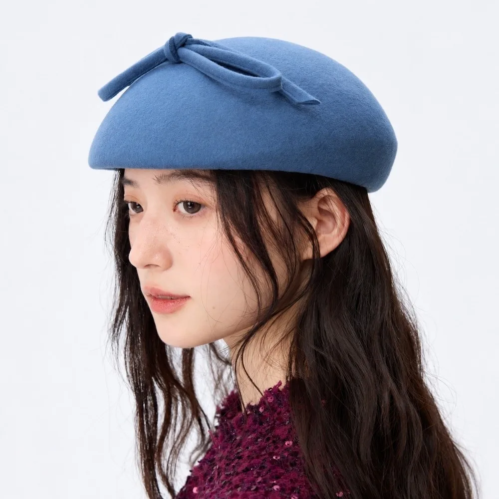 Trendy Wool Beret Cap for Women with Bowknot Adjustable Winter Pillbox Hats Formal Fascinator Hat Painter Hat for Formal Events
