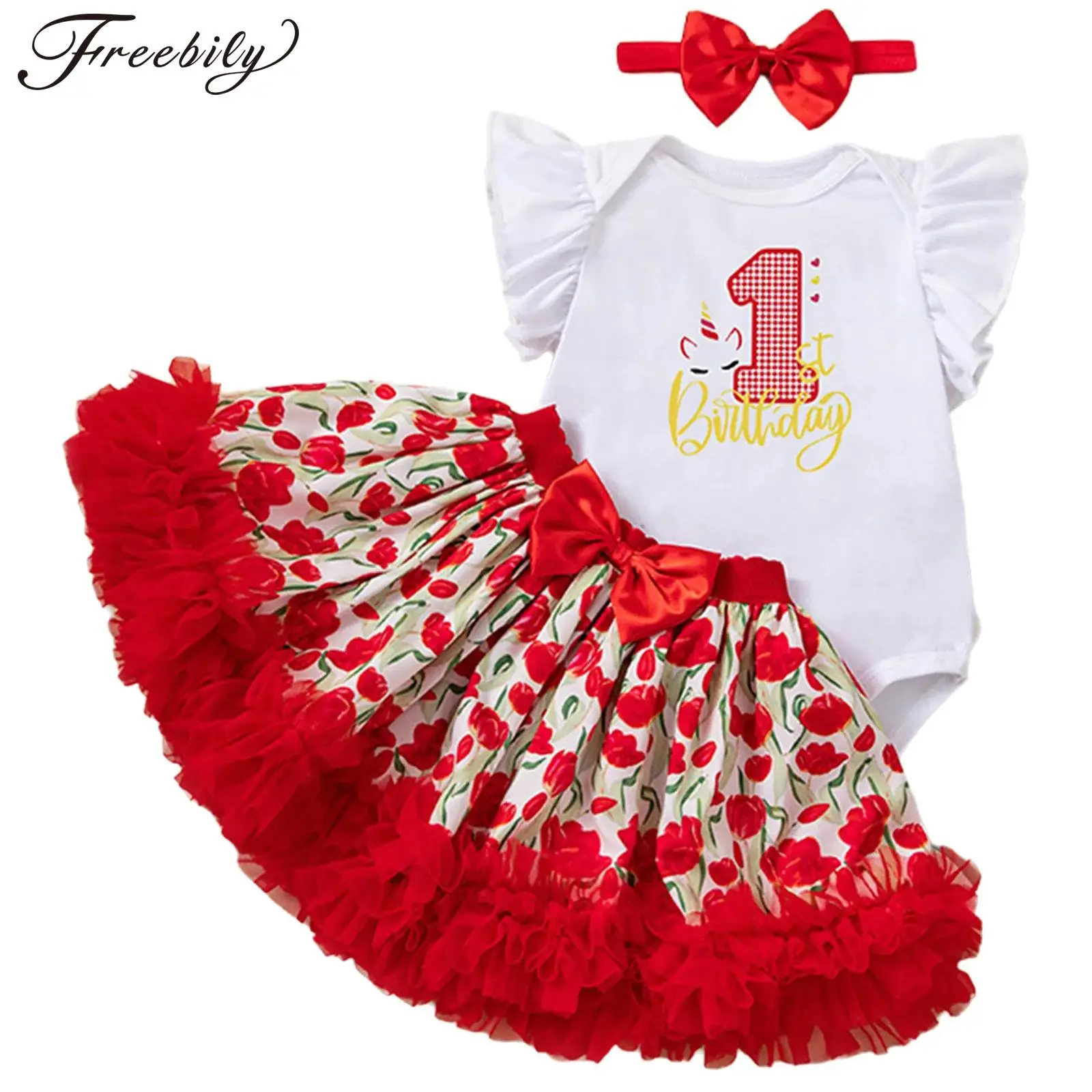 

Baby Girls 1st Birthday Party Outfit Fly Sleeves Printed Romper Floral Ruffled Tulle Skirt Headband Infant Cake Smash Photoshoot