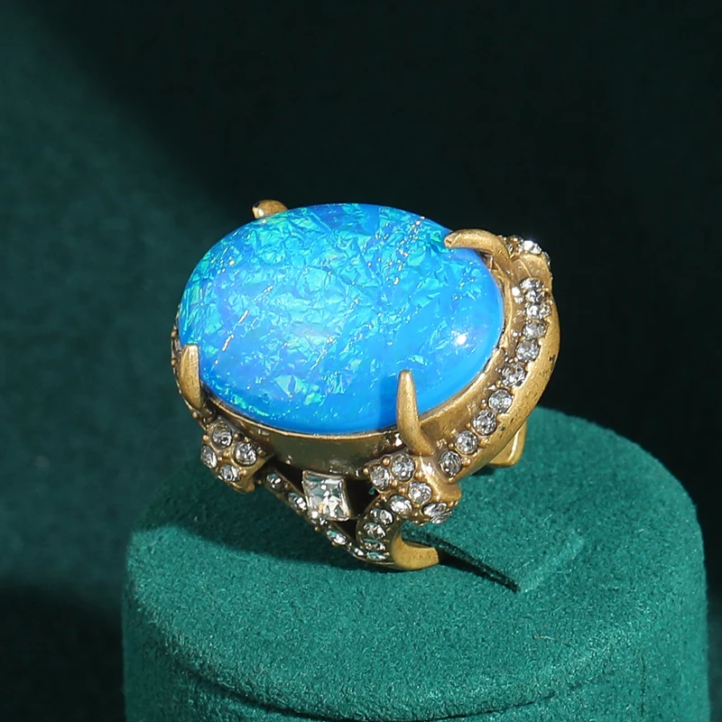 

Vintage Large Blue Opal Jewelry Ring Antique Gold Color Luxury Quality Designer Adjustable For Woman Accessories 2025 Trends
