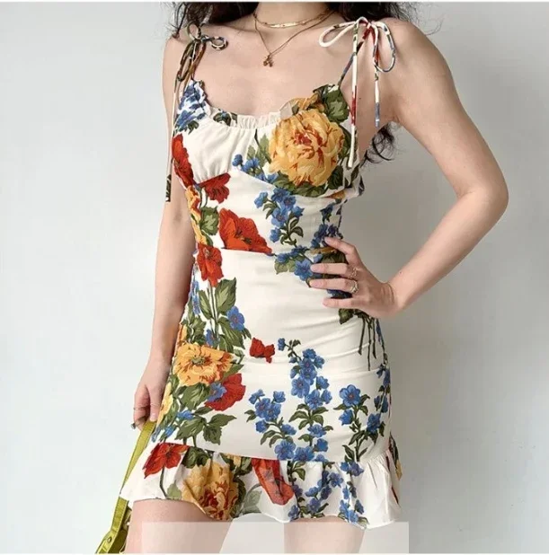 Women's Dresses Oil Painting Printed Camisole Dress Summer O-Neck Backless Pleated Hem Waist A-Line Women's Camisole Dress
