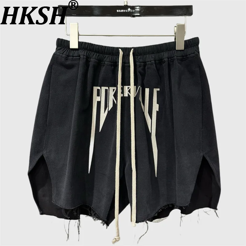 HKSH Women Shorts Dark Style Drawstring Elastic Waist Letter Embroidery Design Contrast Color Frayed Edge Niche Hot PantsHK14227