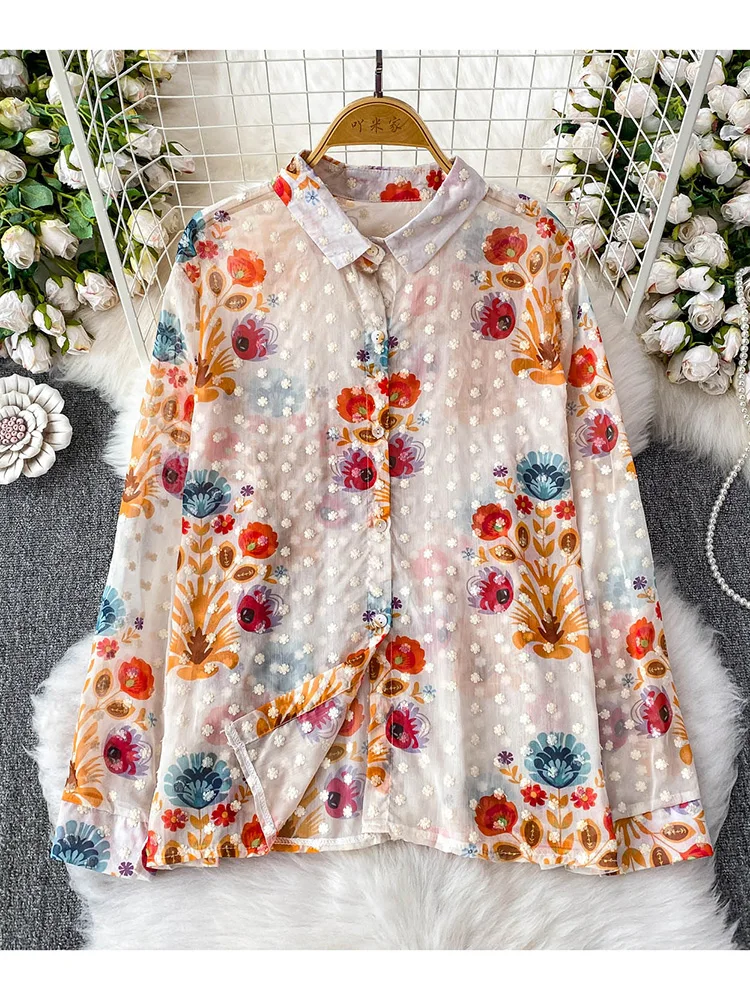

Women's Summer Shirt Korean Version 2025 New Design Sweet Casual Floral Collar Long Sleeve Sunscreen Shirt Flower Coat BL213