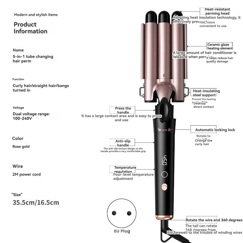 

Curling Iron Set 5-In-1 Multifunctional With LCD Display, Interchangeable Titanium Coated Barrels, 110-220V EU Plug