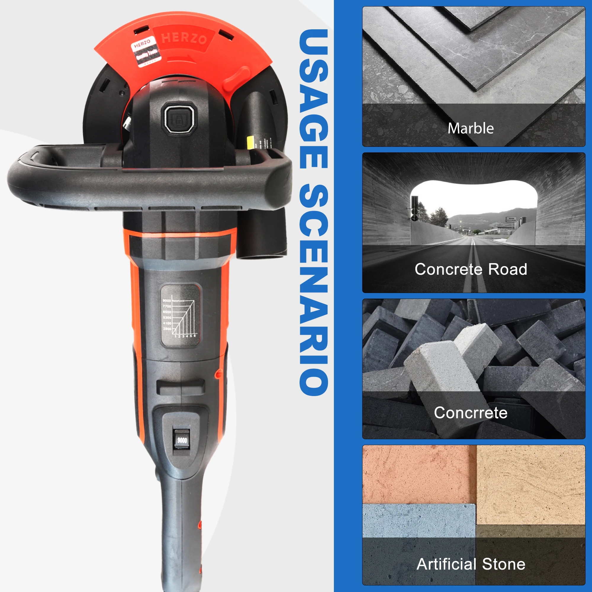 مطحنة رمل خرسانية HERZO بقدرة 1600 وات، مطحنة حجرية محمولة متعددة الوظائف خالية من الغبار وآلة طحن وتلميع الخرسانة