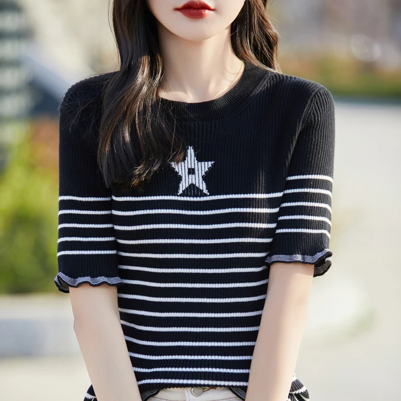 Feminino o-pescoço listra camisola de malha verão casual preto pulôver manga curta camisetas coreia moda feminina topo
